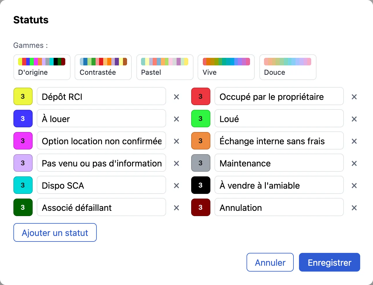 Fenêtre d'édition des statuts : libellés, couleurs et gammes de couleurs prêtes à l'emploi